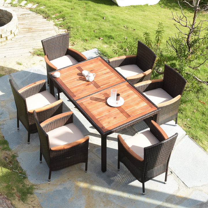 7pcs Patio Rattan Dining Set 6 Stackable Cushioned Chairs Patio Image 8