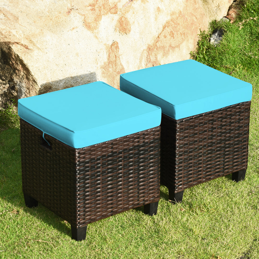 Set of 2 Patio Rattan Ottoman Footrest Garden Outdoor w/ Turquoise Cushion Image 1