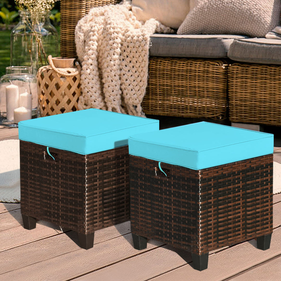 Set of 2 Patio Rattan Ottoman Footrest Garden Outdoor w/ Turquoise Cushion Image 6