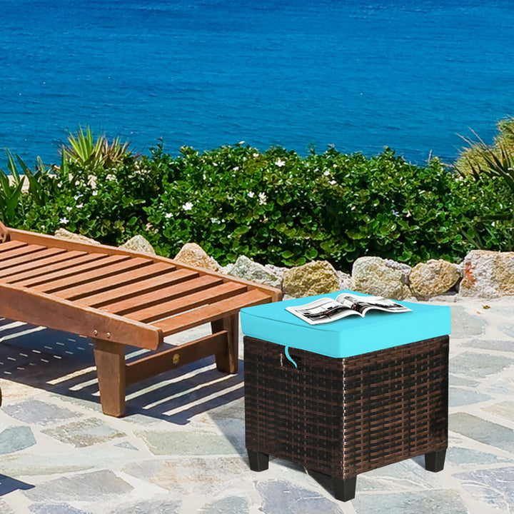 Set of 2 Patio Rattan Ottoman Footrest Garden Outdoor w/ Turquoise Cushion Image 4