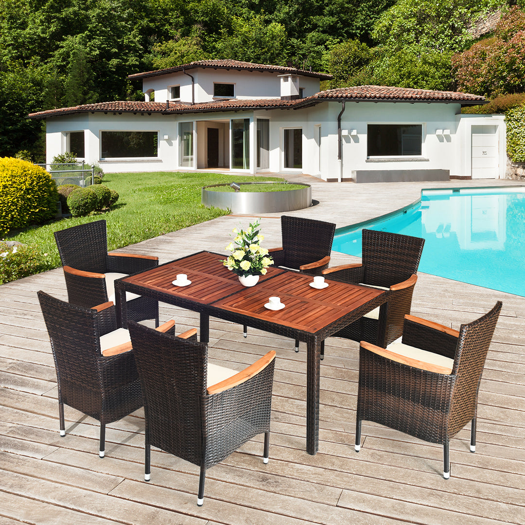 7pcs Patio Rattan Dining Set 6 Stackable Cushioned Chairs Patio Image 9