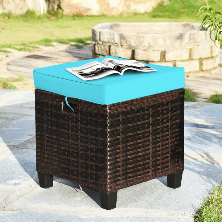 Set of 2 Patio Rattan Ottoman Footrest Garden Outdoor w/ Turquoise Cushion Image 5