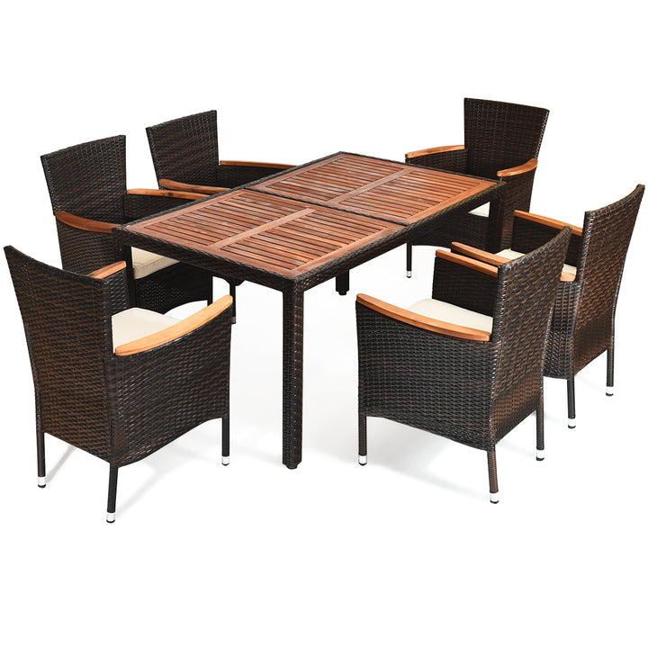 7pcs Patio Rattan Dining Set 6 Stackable Cushioned Chairs Patio Image 2