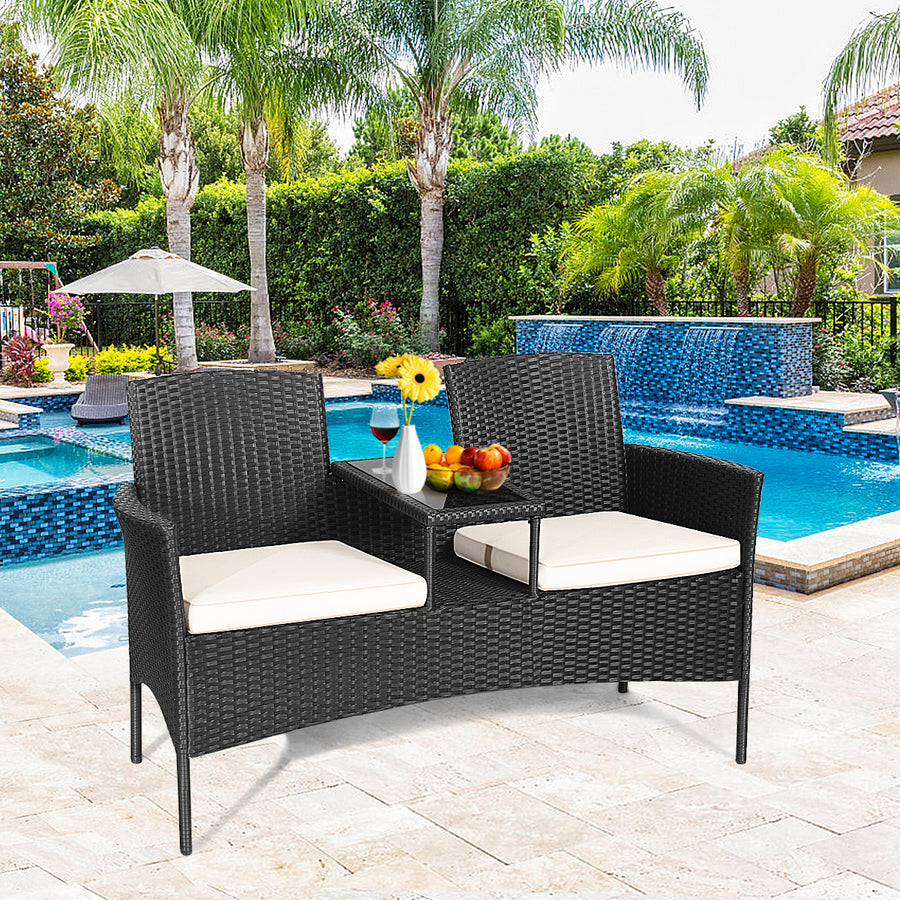 Cushioned Rattan Wicker Patio Conversation Set w/ Table Steel Frame Image 1