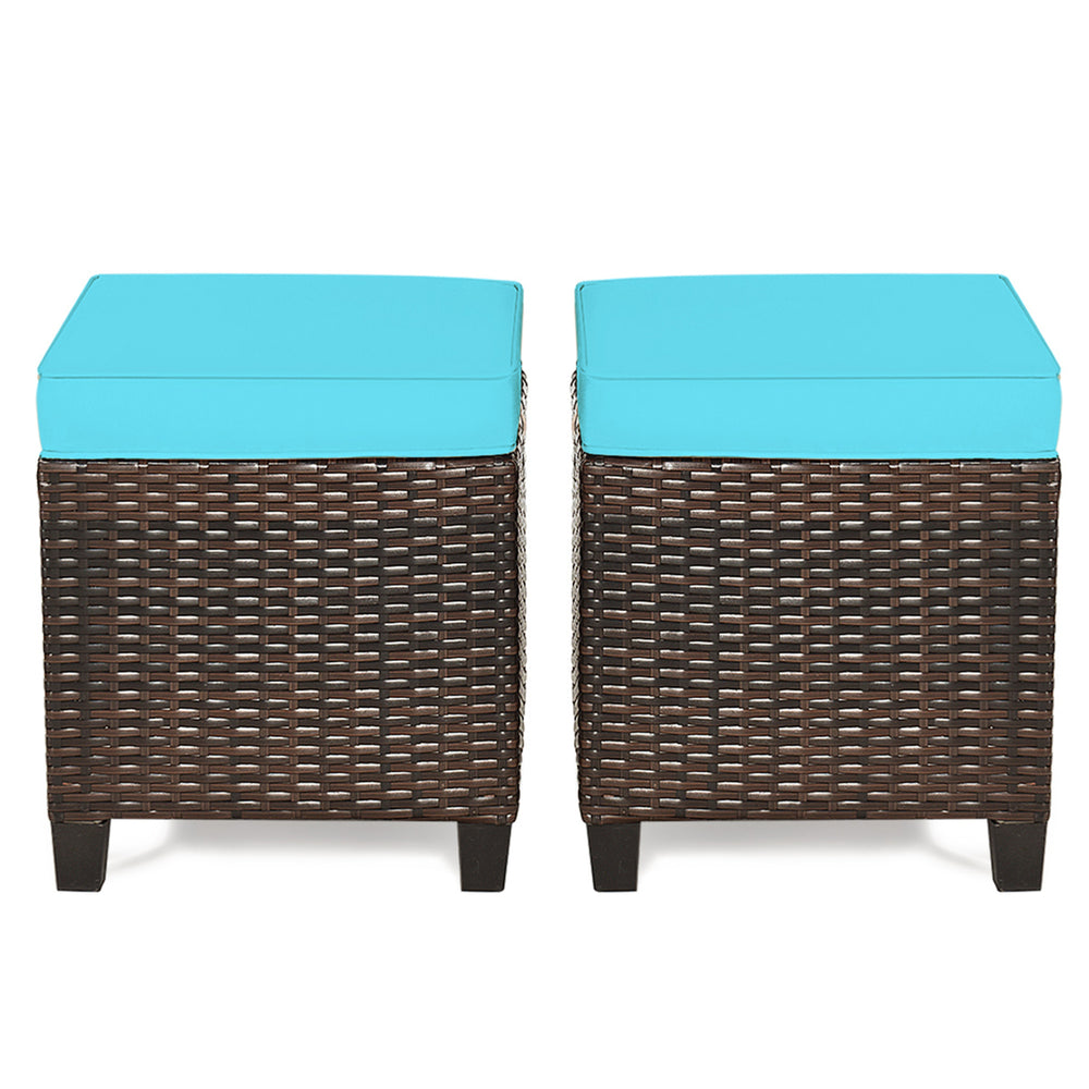 Set of 2 Patio Rattan Ottoman Footrest Garden Outdoor w/ Turquoise Cushion Image 2