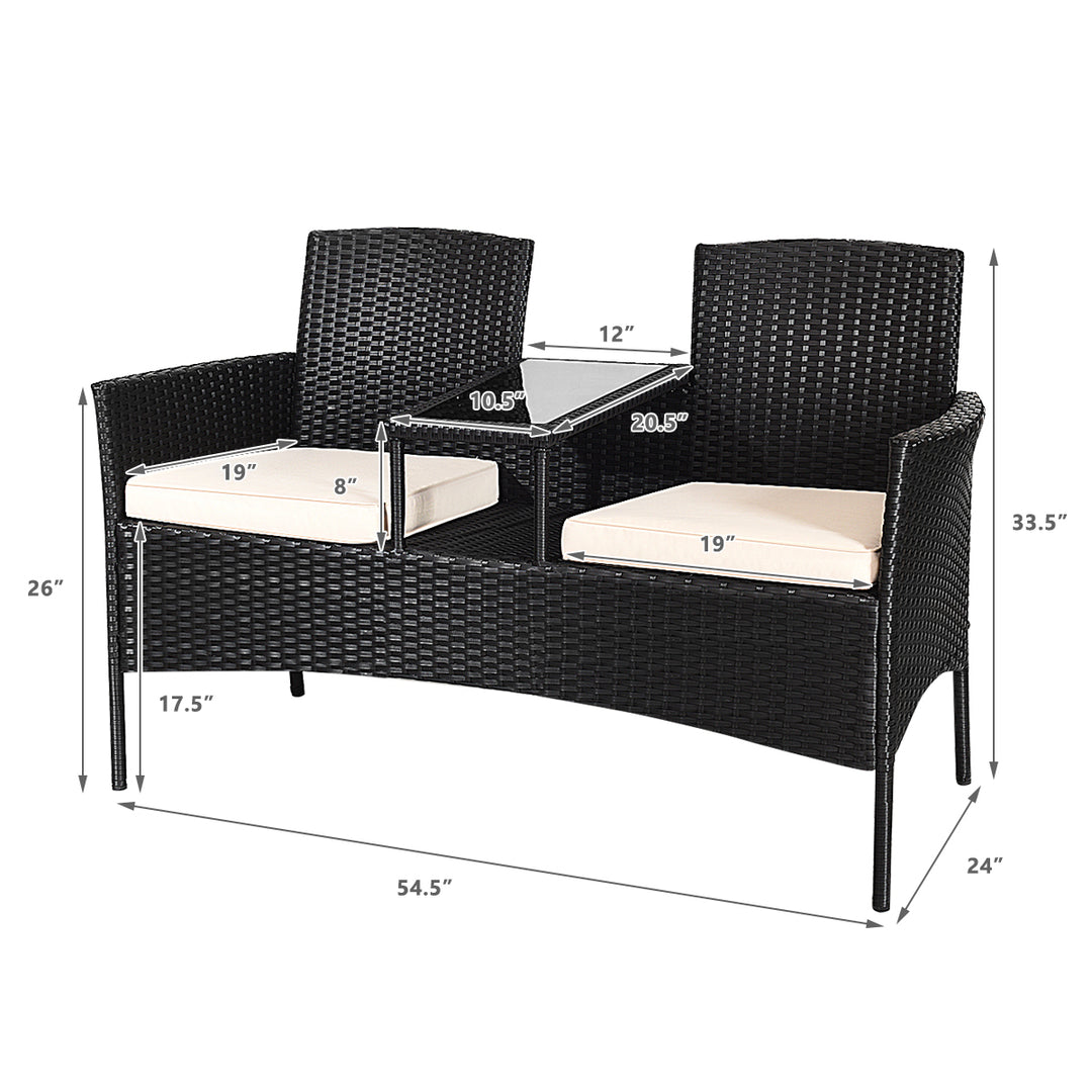 Cushioned Rattan Wicker Patio Conversation Set w/ Table Steel Frame Image 3