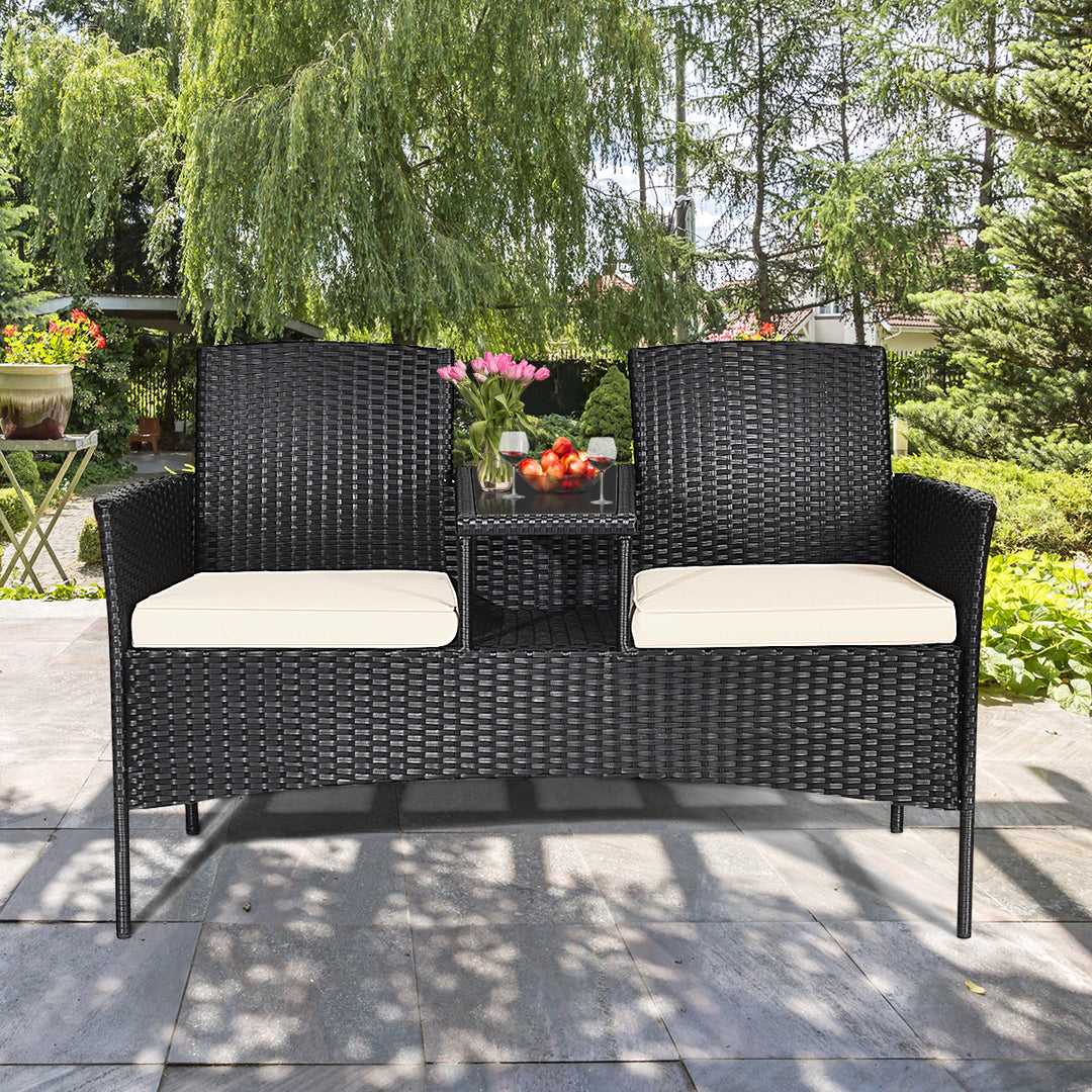 Cushioned Rattan Wicker Patio Conversation Set w/ Table Steel Frame Image 6