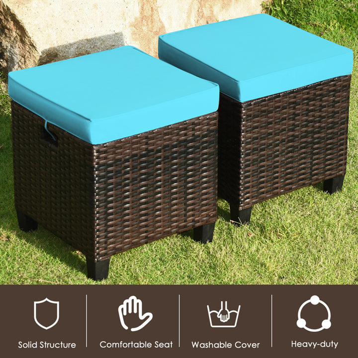 Set of 2 Patio Rattan Ottoman Footrest Garden Outdoor w/ Turquoise Cushion Image 7