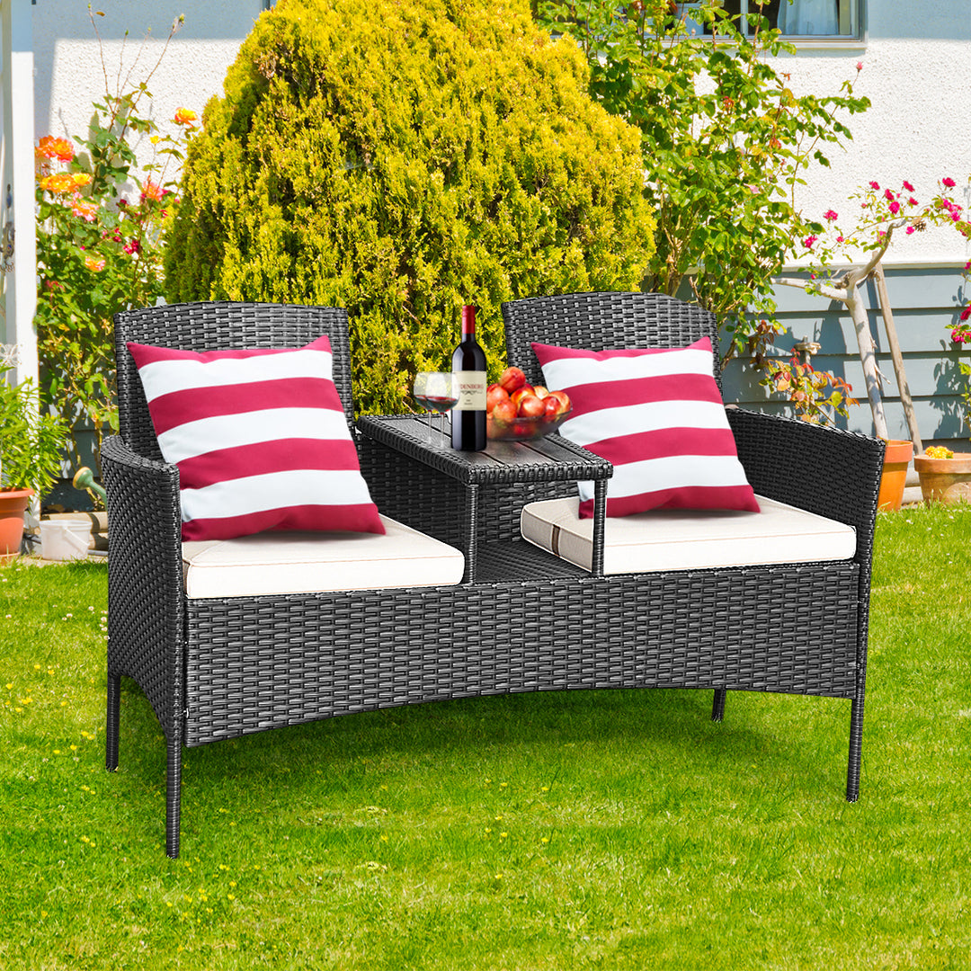 Cushioned Rattan Wicker Patio Conversation Set w/ Table Steel Frame Image 4