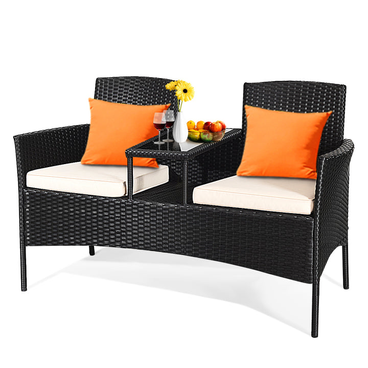 Cushioned Rattan Wicker Patio Conversation Set w/ Table Steel Frame Image 5