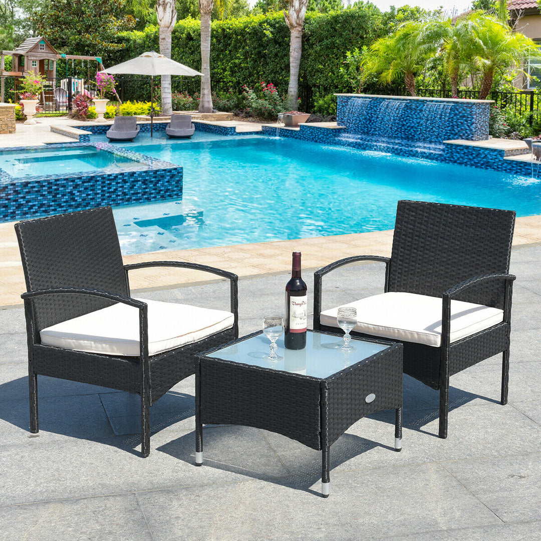 3 PCS Patio Wicker Rattan Furniture Set Coffee Table and 2 Rattan Chair W/Cushion Image 1