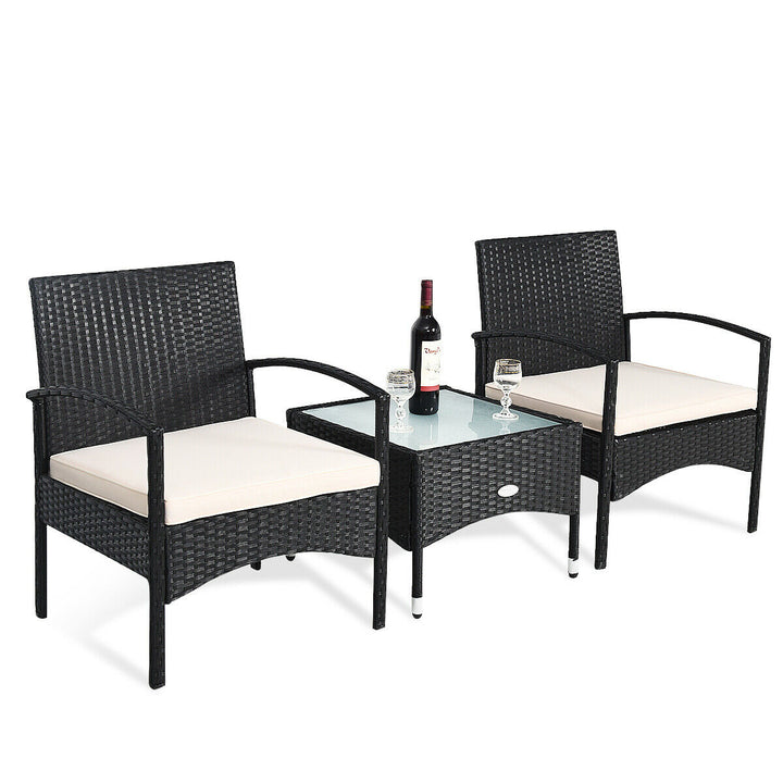 3 PCS Patio Wicker Rattan Furniture Set Coffee Table and 2 Rattan Chair W/Cushion Image 2