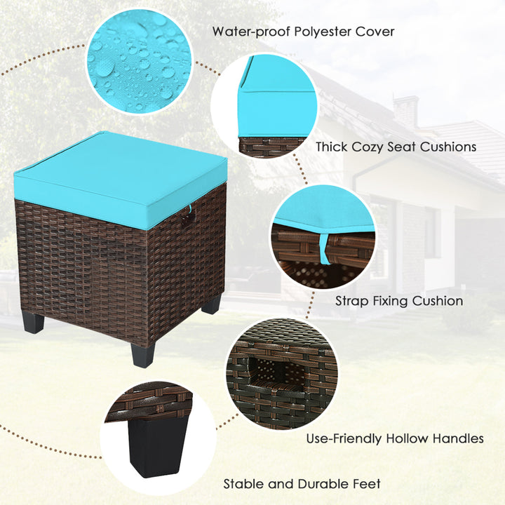 Set of 2 Patio Rattan Ottoman Footrest Garden Outdoor w/ Turquoise Cushion Image 10