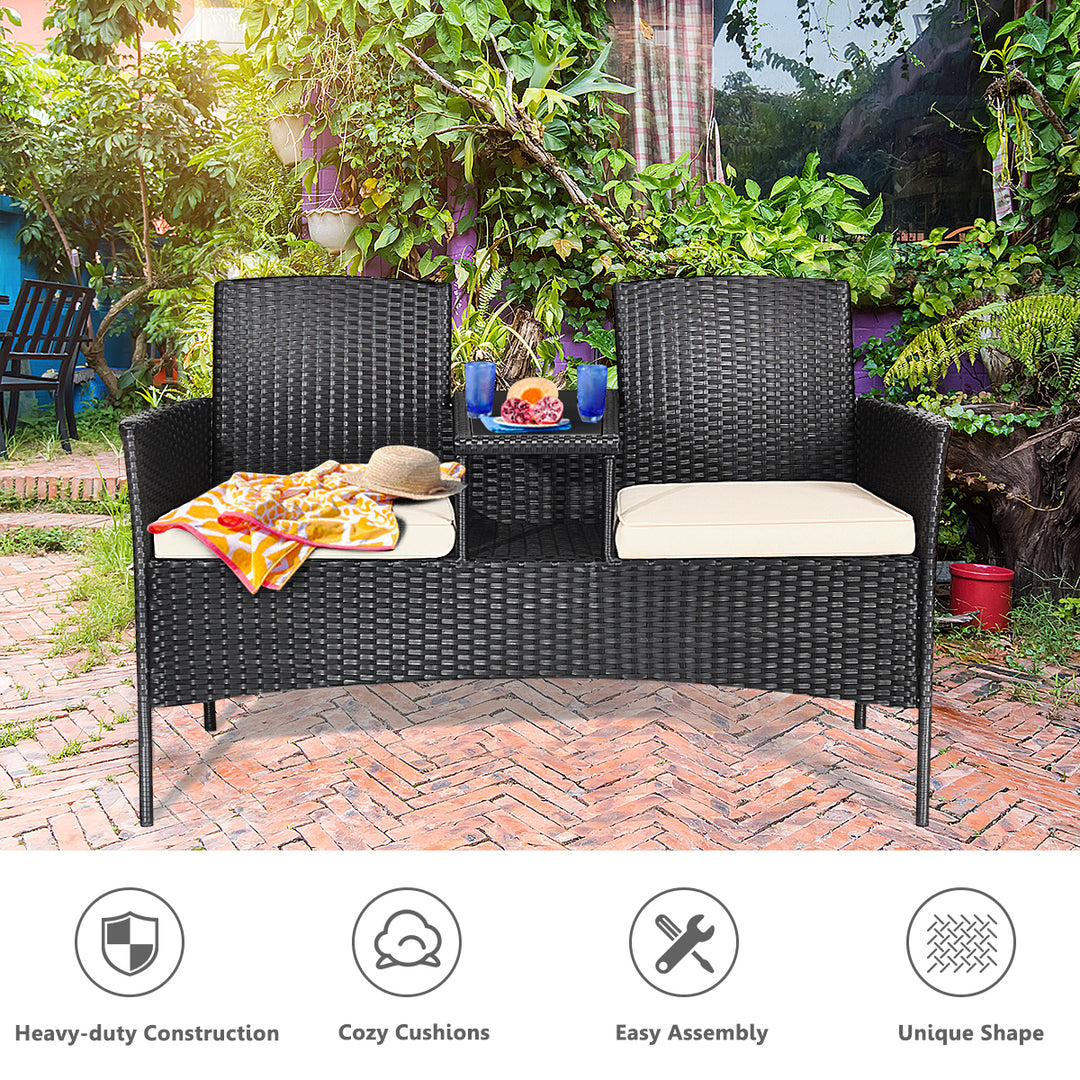 Cushioned Rattan Wicker Patio Conversation Set w/ Table Steel Frame Image 8