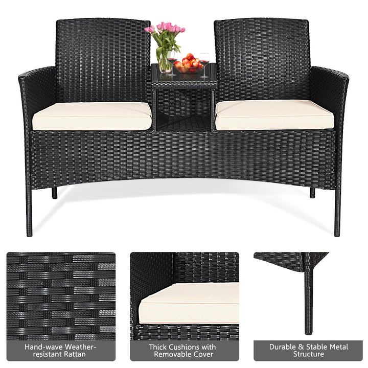 Cushioned Rattan Wicker Patio Conversation Set w/ Table Steel Frame Image 9