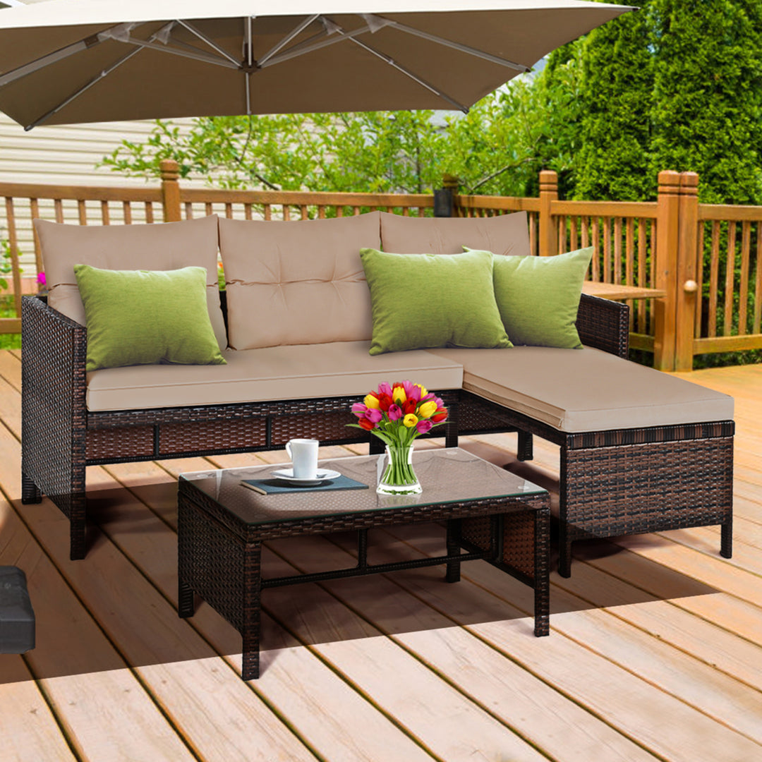 3PCS Outdoor Rattan Furniture Set Patio Couch Sofa Set w/ Coffee Table Image 1