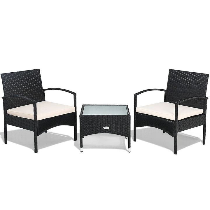 3 PCS Patio Wicker Rattan Furniture Set Coffee Table and 2 Rattan Chair W/Cushion Image 9