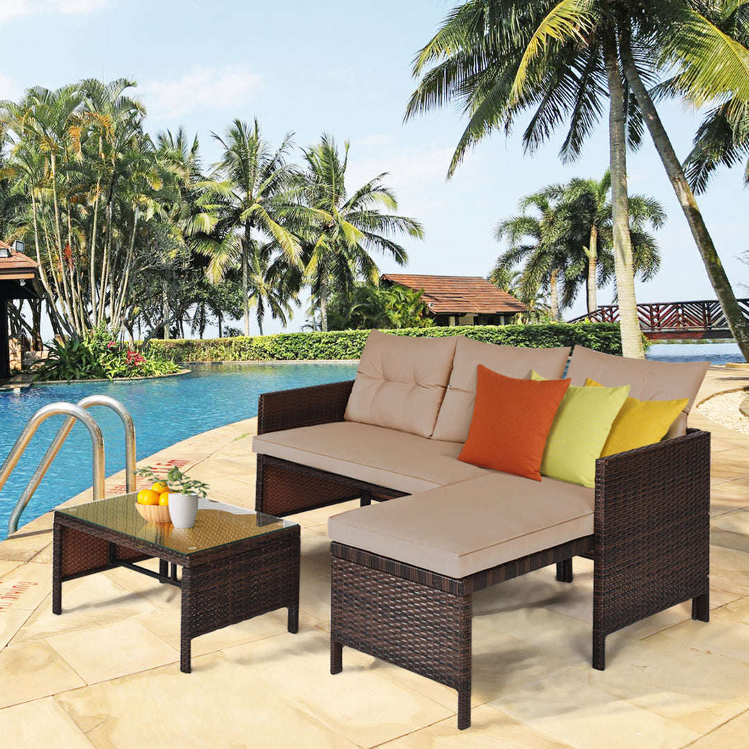 3PCS Outdoor Rattan Furniture Set Patio Couch Sofa Set w/ Coffee Table Image 5