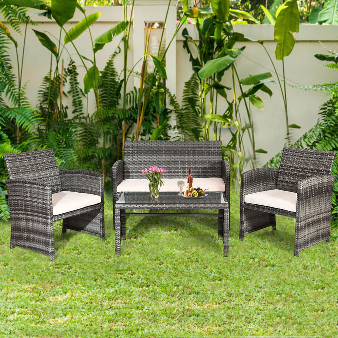 8PCS Patio Outdoor Rattan Furniture Set w/ Cushioned Chair Loveseat Table Image 3