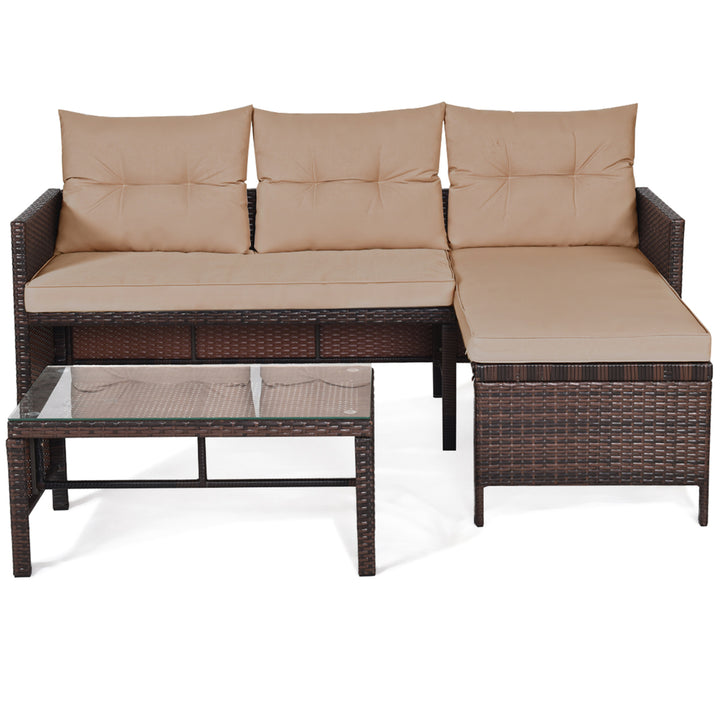 3PCS Outdoor Rattan Furniture Set Patio Couch Sofa Set w/ Coffee Table Image 4