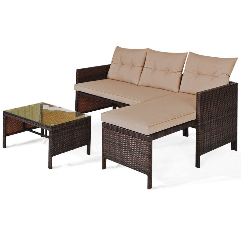 3PCS Outdoor Rattan Furniture Set Patio Couch Sofa Set w/ Coffee Table Image 2