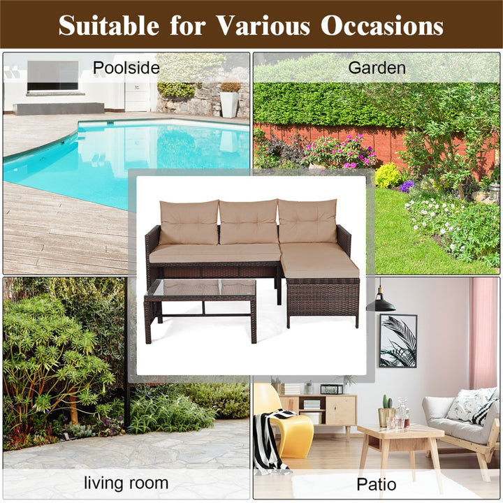 3PCS Outdoor Rattan Furniture Set Patio Couch Sofa Set w/ Coffee Table Image 6