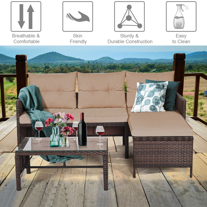 3PCS Outdoor Rattan Furniture Set Patio Couch Sofa Set w/ Coffee Table Image 7