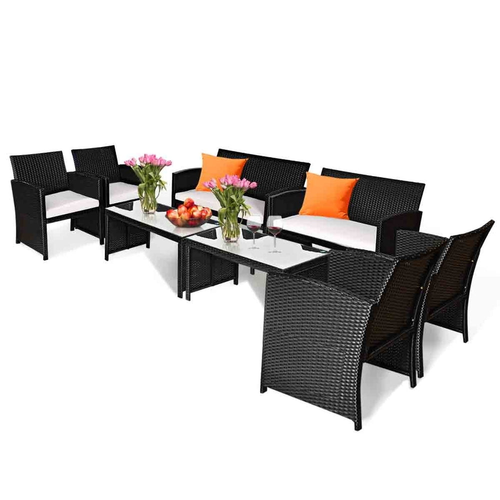 8PCS Rattan Patio Conversation Set Outdoor w/ Coffee Table Cushioned Sofa Image 2