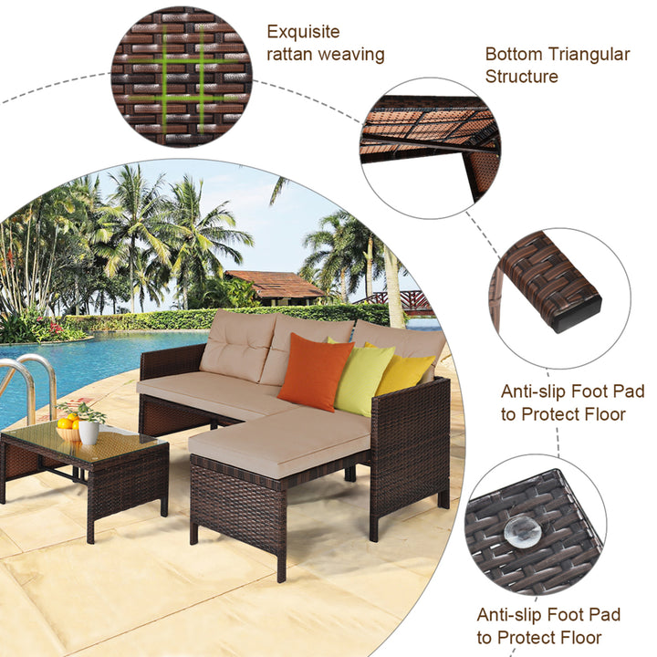 3PCS Outdoor Rattan Furniture Set Patio Couch Sofa Set w/ Coffee Table Image 9