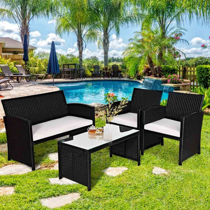 4PCS Rattan Patio Conversation Set Outdoor w/ Coffee Table Cushioned Sofa Image 5