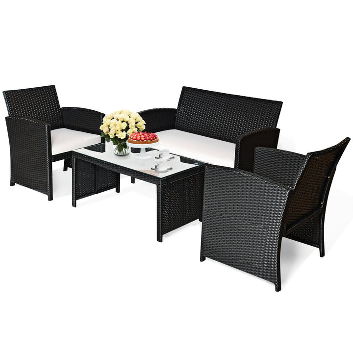 4PCS Rattan Patio Conversation Set Outdoor w/ Coffee Table Cushioned Sofa Image 6