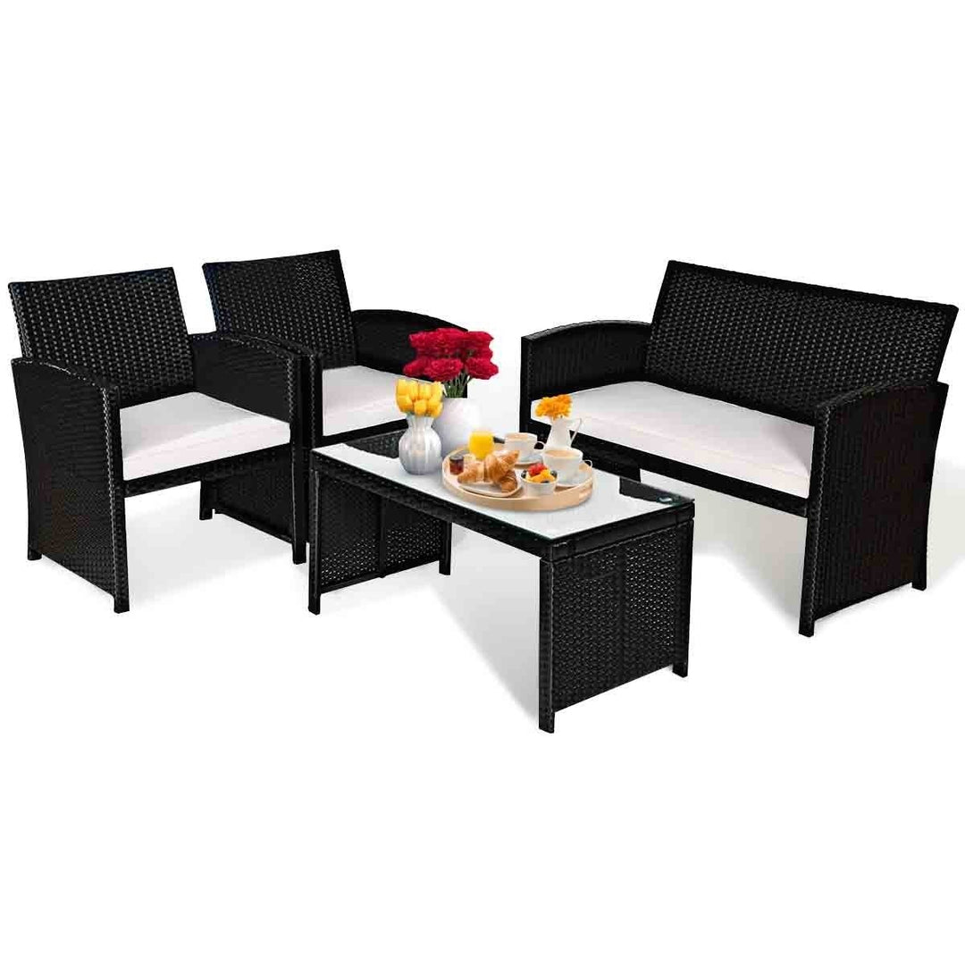 4PCS Rattan Patio Conversation Set Outdoor w/ Coffee Table Cushioned Sofa Image 7