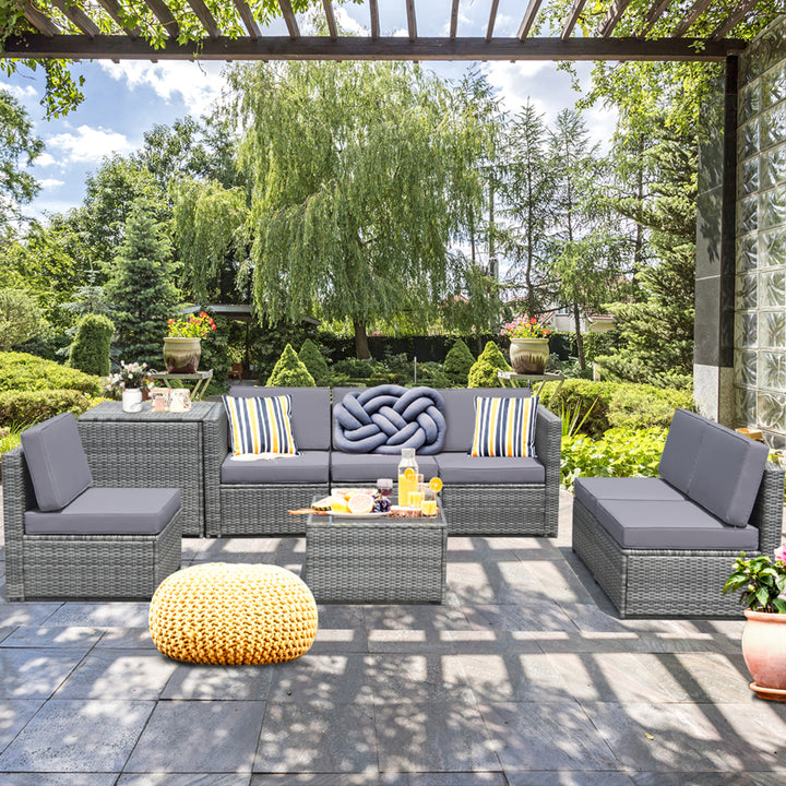 Set of 8 Gray Rattan Wicker Sofa and Table Outdoor Cushioned Sectional Patio Furniture Image 1