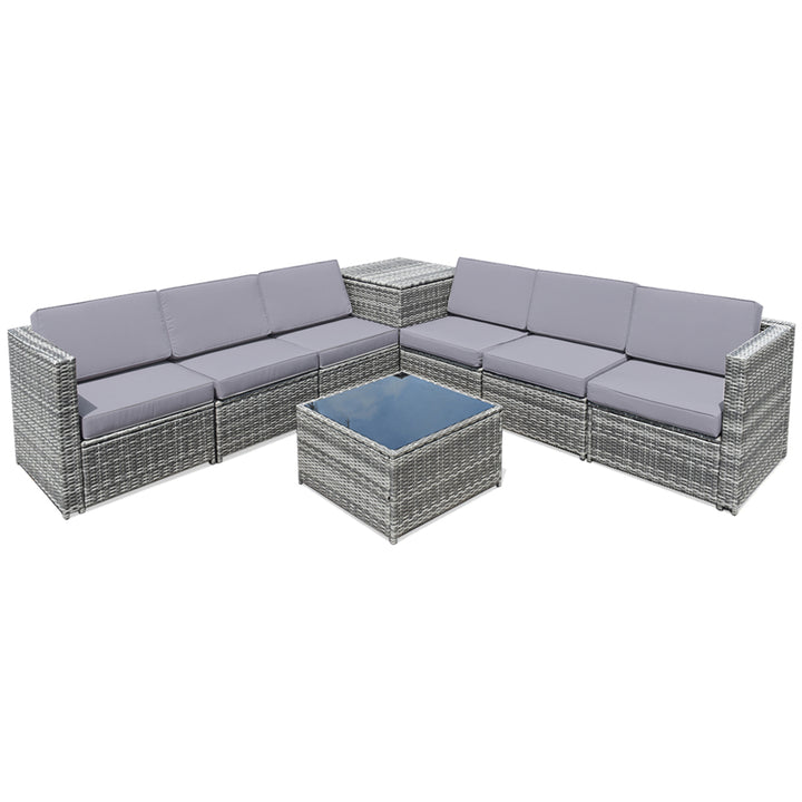 Set of 8 Gray Rattan Wicker Sofa and Table Outdoor Cushioned Sectional Patio Furniture Image 4