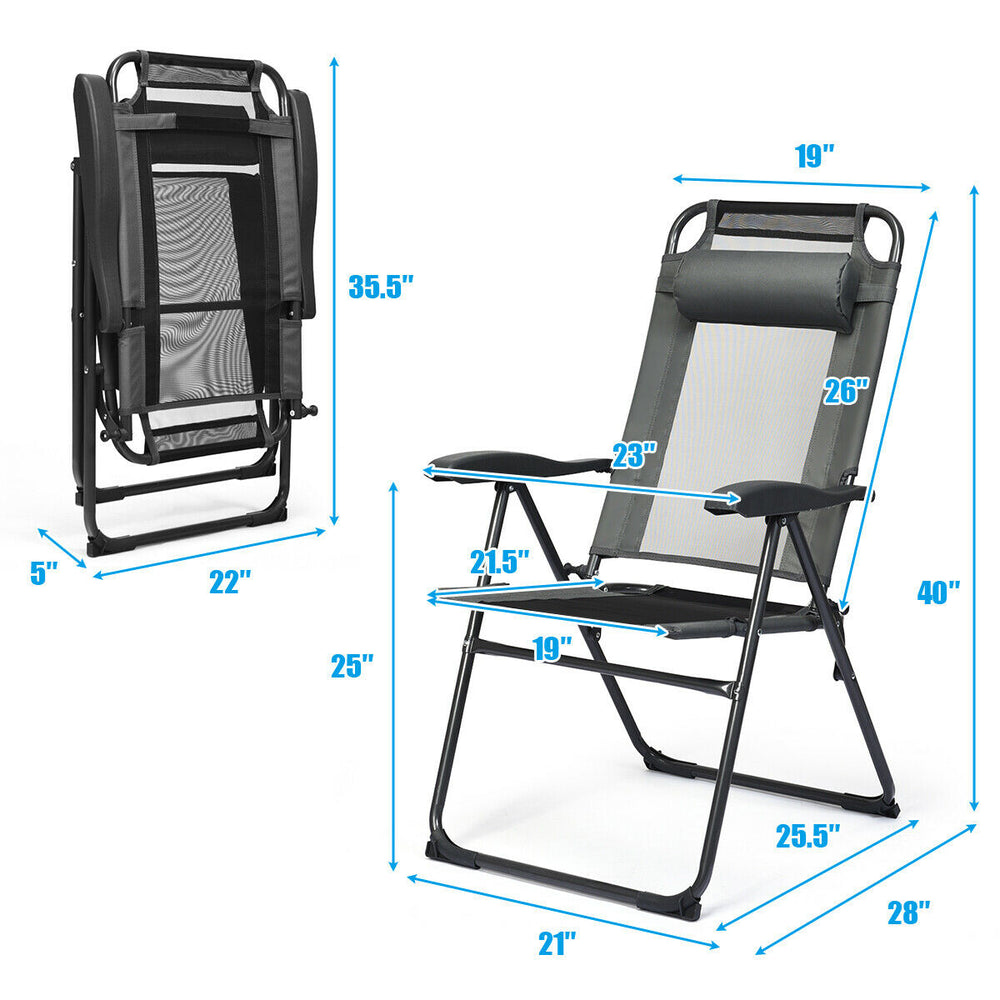 4PC Folding Chairs Adjustable Reclining Chairs with Headrest Patio Garden Grey Image 2