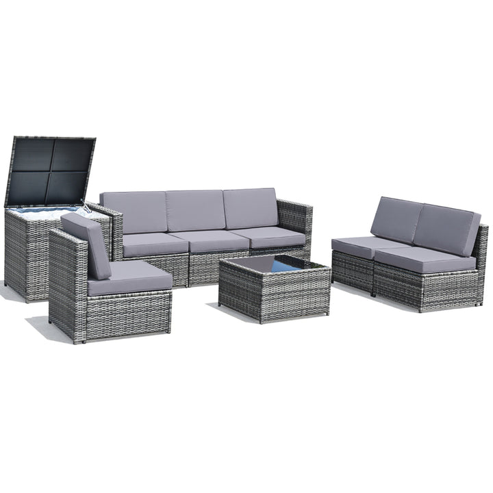 Set of 8 Gray Rattan Wicker Sofa and Table Outdoor Cushioned Sectional Patio Furniture Image 2