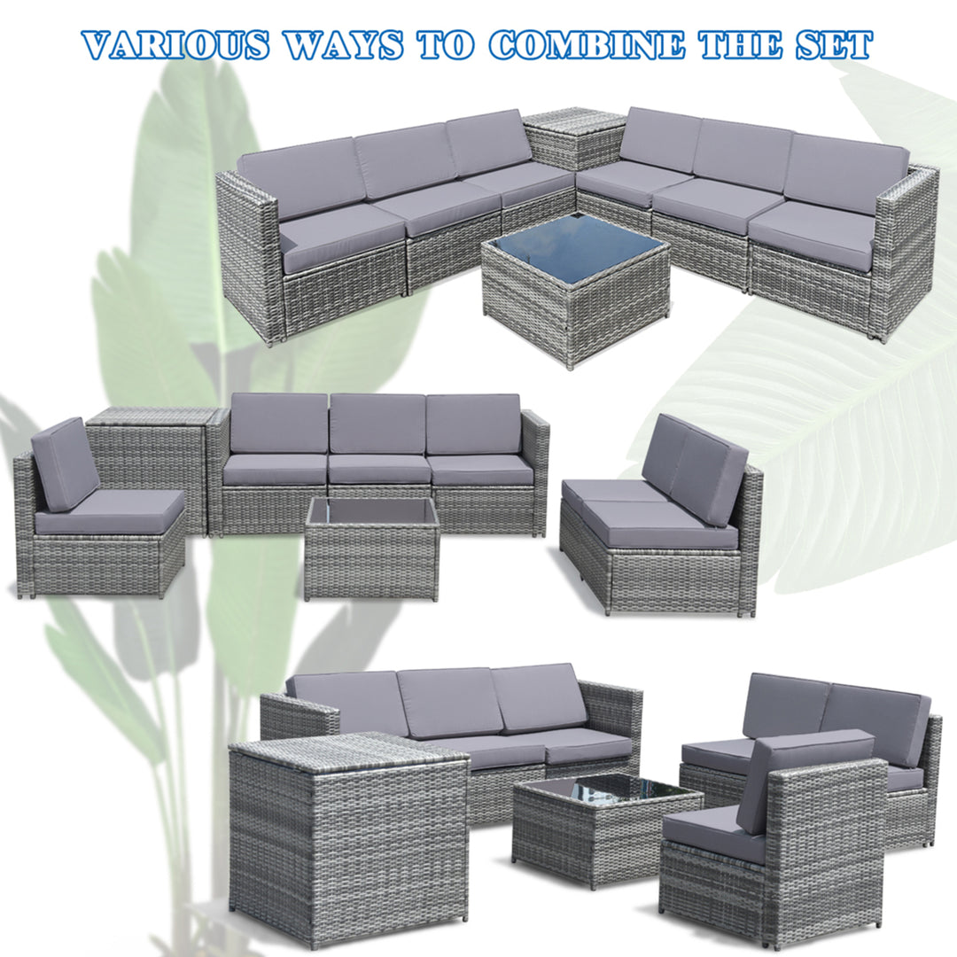 Set of 8 Gray Rattan Wicker Sofa and Table Outdoor Cushioned Sectional Patio Furniture Image 9