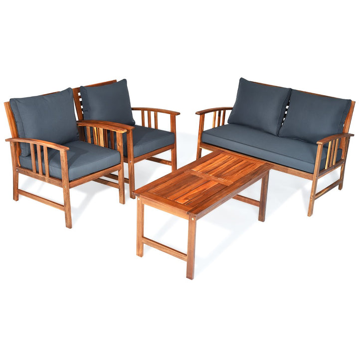 4pcs Wooden Patio Furniture Set Table and Sectional Sofa Garden Image 2