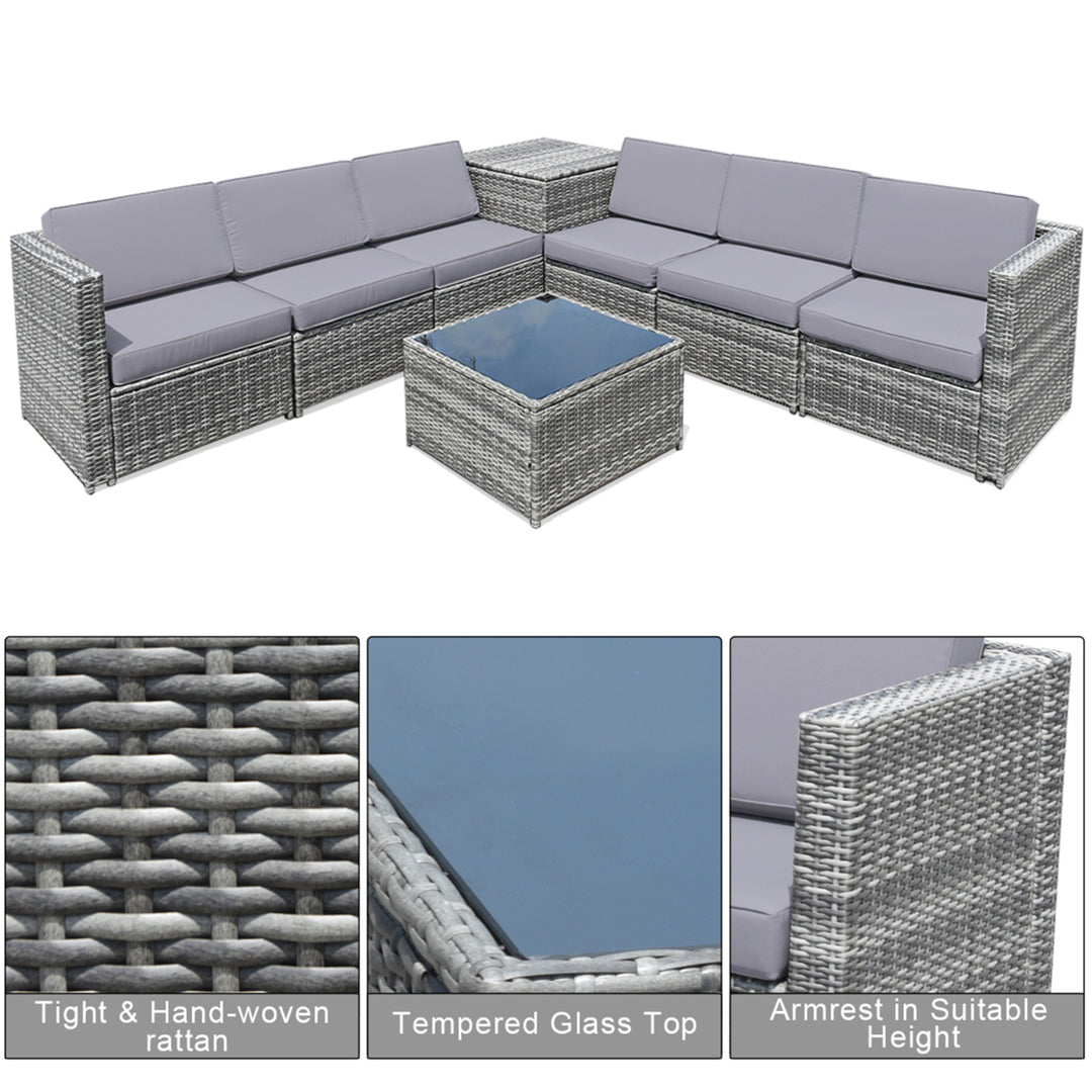 Set of 8 Gray Rattan Wicker Sofa and Table Outdoor Cushioned Sectional Patio Furniture Image 10