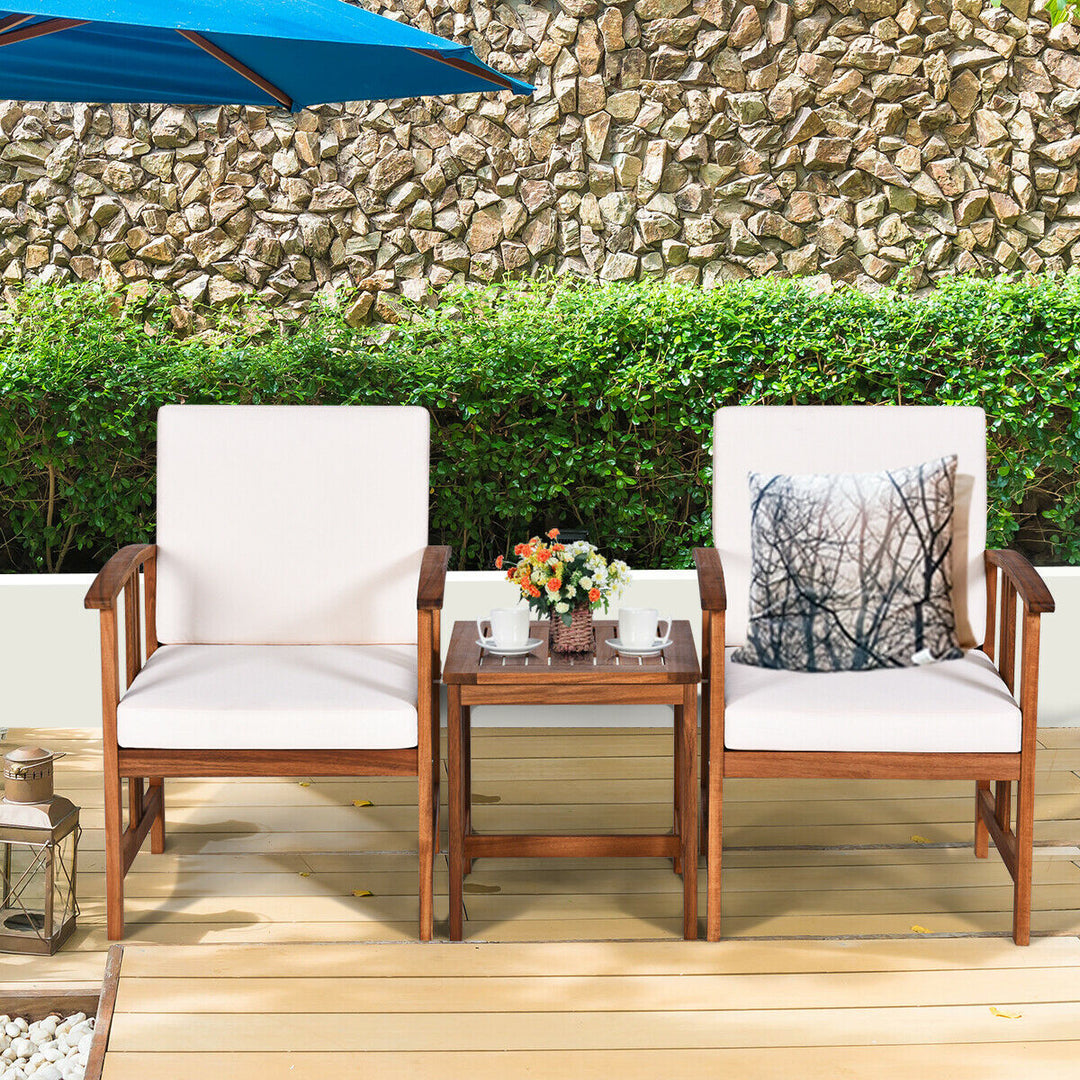 3PC Outdoor Patio Sofa Furniture Set Solid Wood Cushioned Conversation Set White Image 5