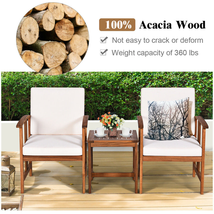 3PC Outdoor Patio Sofa Furniture Set Solid Wood Cushioned Conversation Set White Image 4