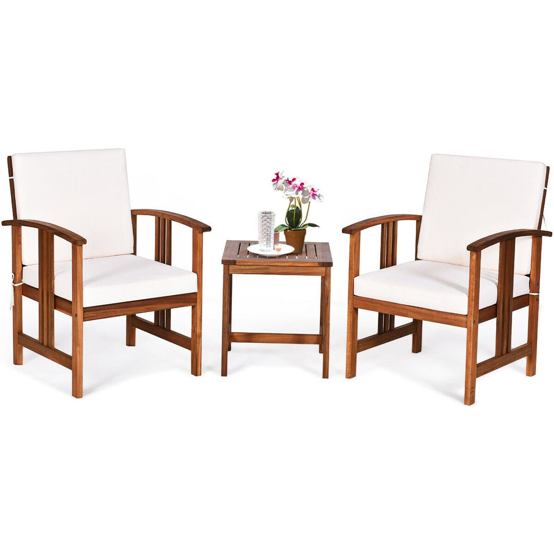 3PC Outdoor Patio Sofa Furniture Set Solid Wood Cushioned Conversation Set White Image 2