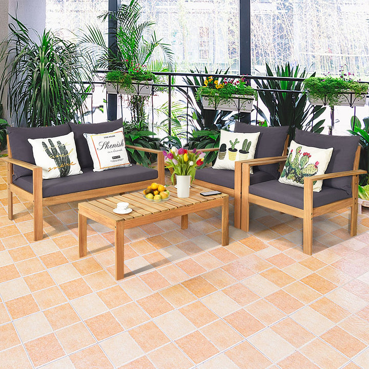 8PCS Cushioned Wooden Conversation Set Patio Outdoor Furniture Set with Cover Image 3