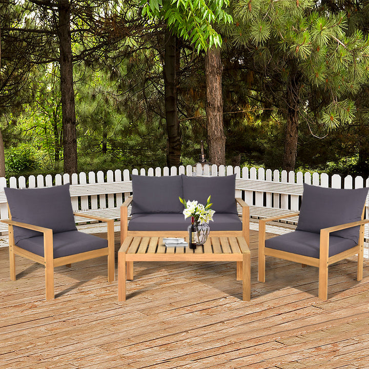 8PCS Cushioned Wooden Conversation Set Patio Outdoor Furniture Set with Cover Image 5