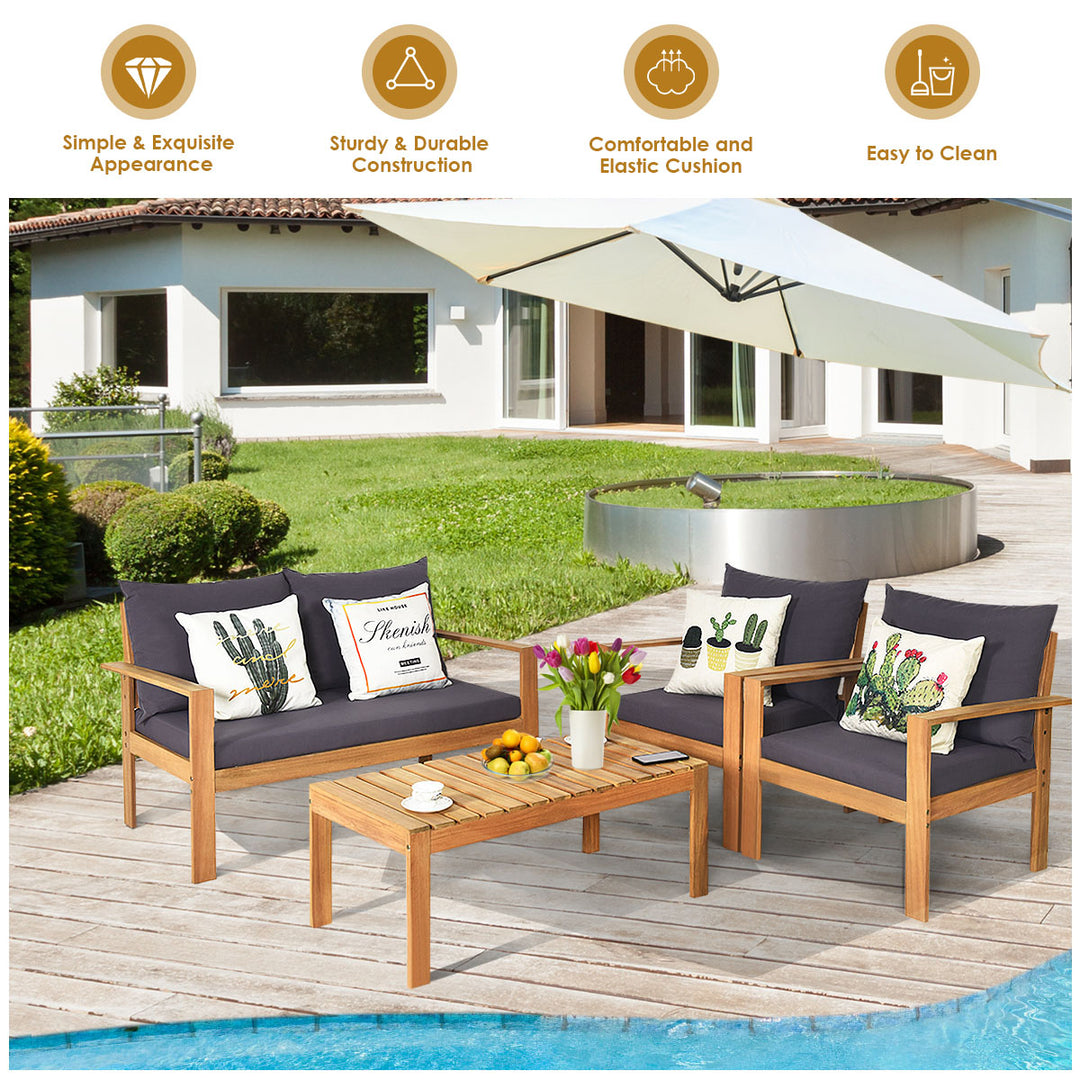 8PCS Cushioned Wooden Conversation Set Patio Outdoor Furniture Set with Cover Image 7