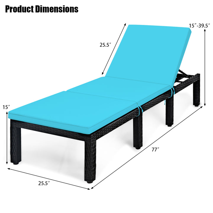 Adjustable Rattan Patio Chaise Lounge Chair Couch w/ Turquoise Cushion Image 3