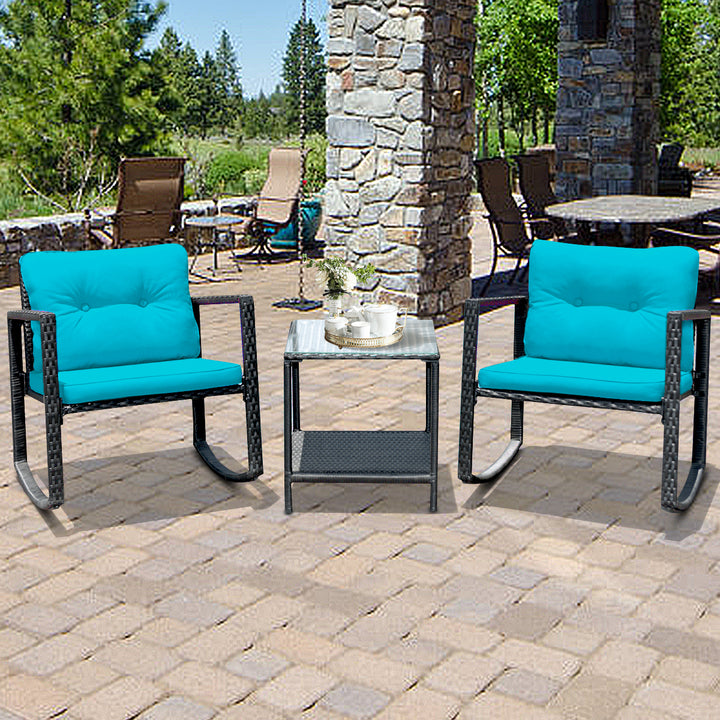 3PCS Rattan Rocking Chair Table Set Patio Furniture Set w/ Blue Cushions Image 1