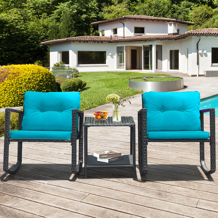 3PCS Rattan Rocking Chair Table Set Patio Furniture Set w/ Blue Cushions Image 4