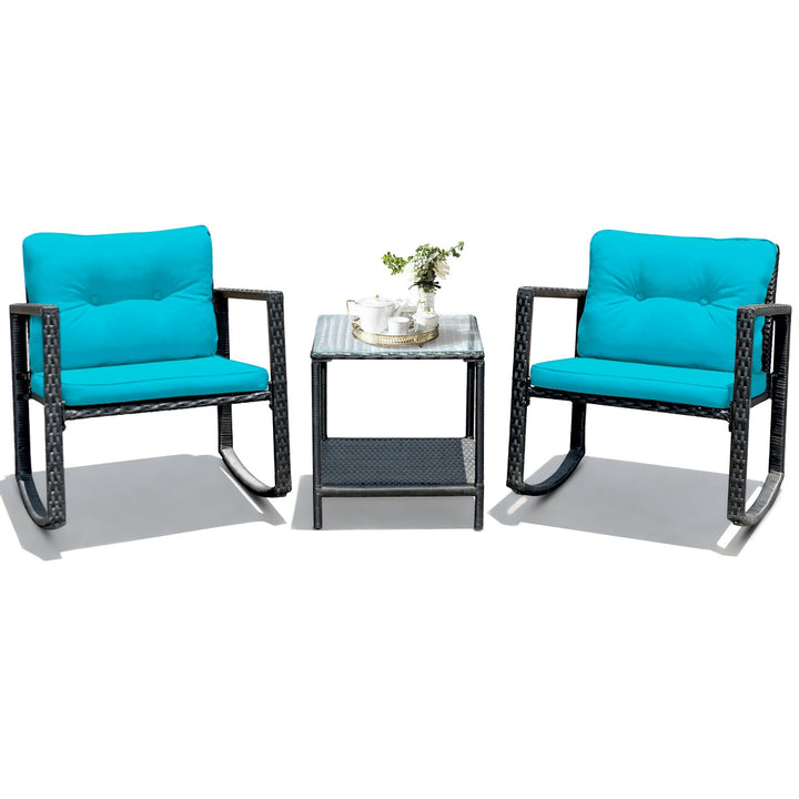 3PCS Rattan Rocking Chair Table Set Patio Furniture Set w/ Blue Cushions Image 5