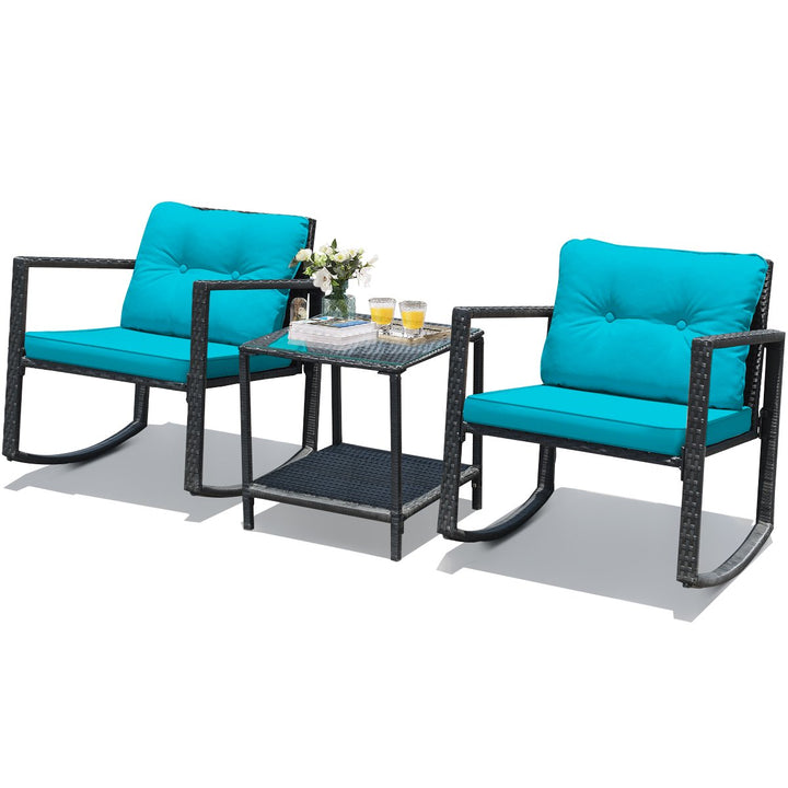 3PCS Rattan Rocking Chair Table Set Patio Furniture Set w/ Blue Cushions Image 6